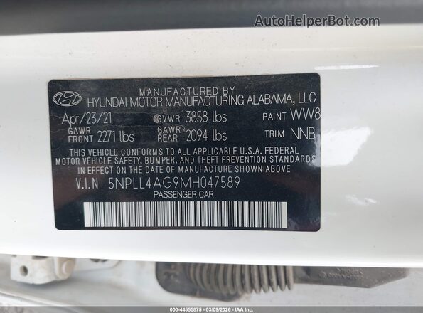 5NPLL4AG9MH047589 2021 HYUNDAI ELANTRA Белый Вид подкапотного пространства