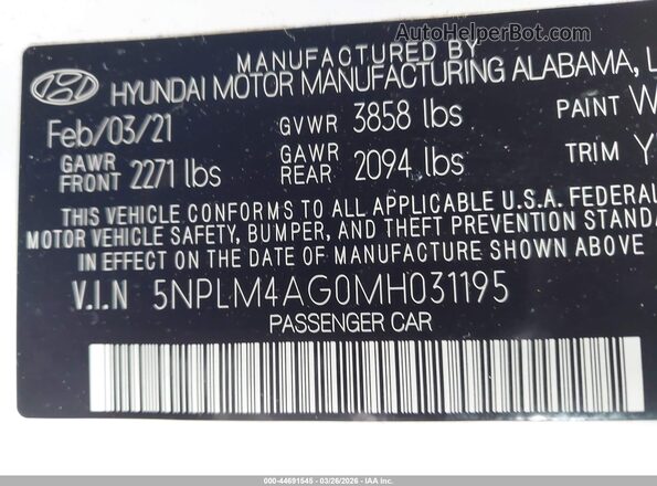 5NPLM4AG0MH031195 2021 HYUNDAI ELANTRA Белый 