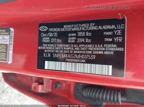 5NPLM4AG2MH017539 2021 HYUNDAI ELANTRA Red Вид підкапотного простору