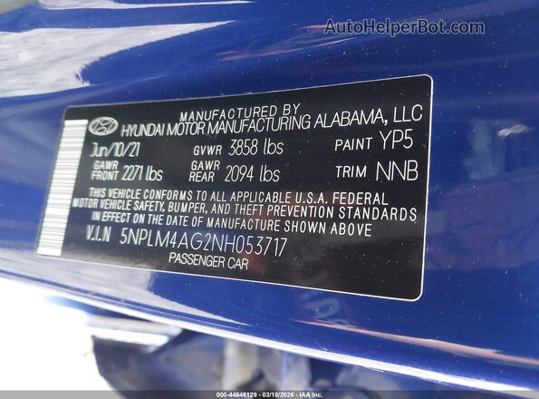 5NPLM4AG2NH053717 2022 HYUNDAI ELANTRA Blue 