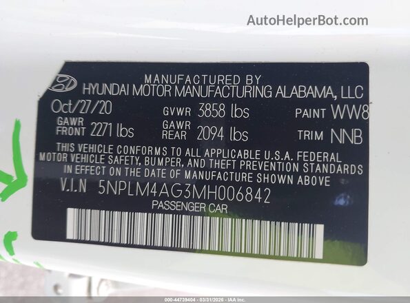 5NPLM4AG3MH006842 2021 HYUNDAI ELANTRA White Շարժիչի բաժամունքի տեսք