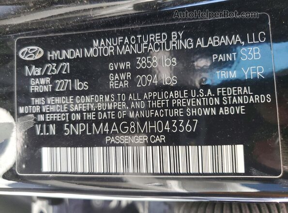 5NPLM4AG8MH043367 2021 HYUNDAI ELANTRA Black VIN sticker view