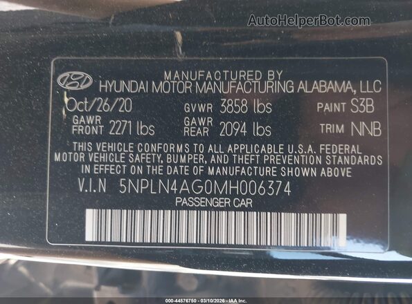 5NPLN4AG0MH006374 2021 HYUNDAI ELANTRA Black 