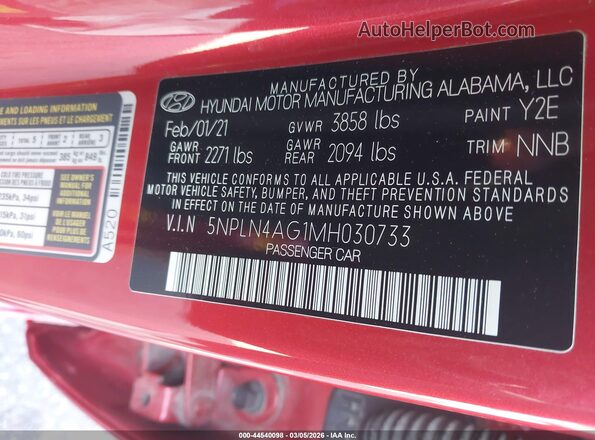 5NPLN4AG1MH030733 2021 HYUNDAI ELANTRA Red Engine compartment view
