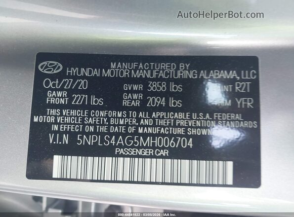 5NPLS4AG5MH006704 2021 HYUNDAI ELANTRA Silver Vista del compartimento del motor