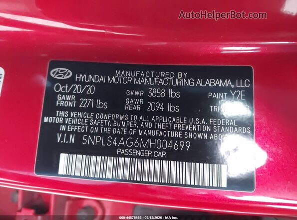 5NPLS4AG6MH004699 2021 HYUNDAI ELANTRA Red ძრავის განყოფილების ხედი