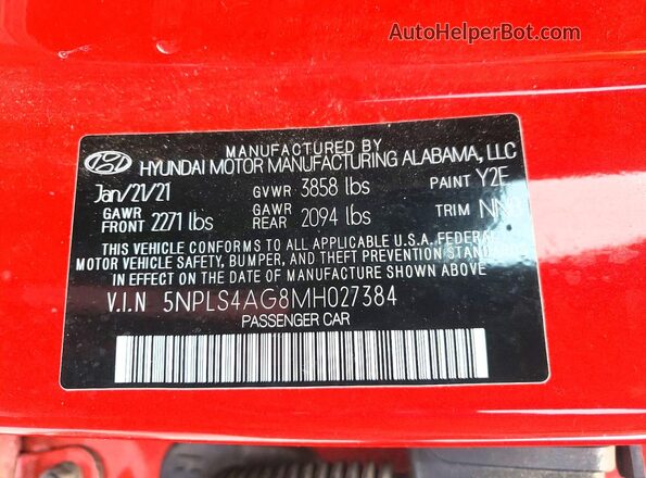 5NPLS4AG8MH027384 2021 HYUNDAI ELANTRA Red Շարժիչի բաժամունքի տեսք