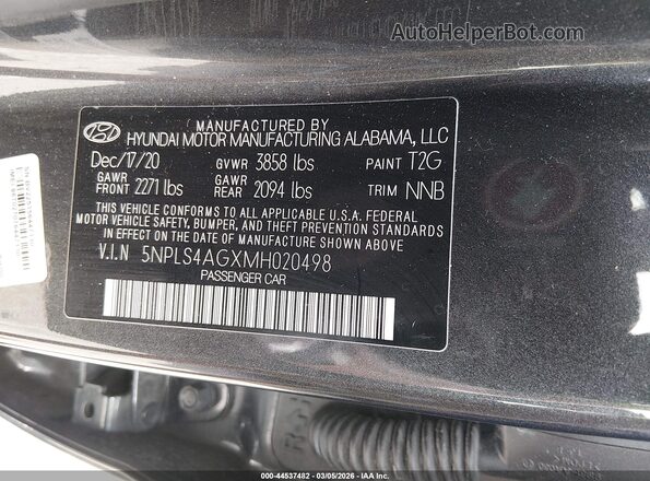 5NPLS4AGXMH020498 2021 HYUNDAI ELANTRA Серый Вид подкапотного пространства