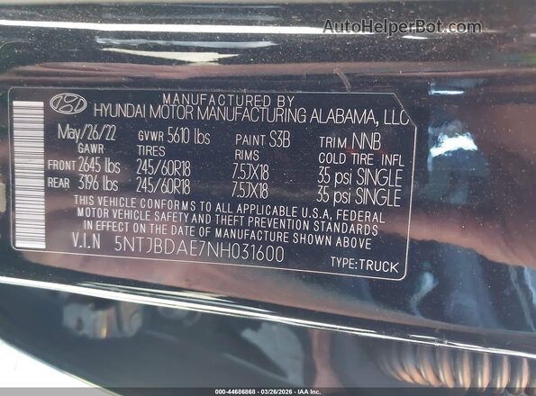 5NTJBDAE7NH031600 2022 HYUNDAI SANTA CRUZ Black 