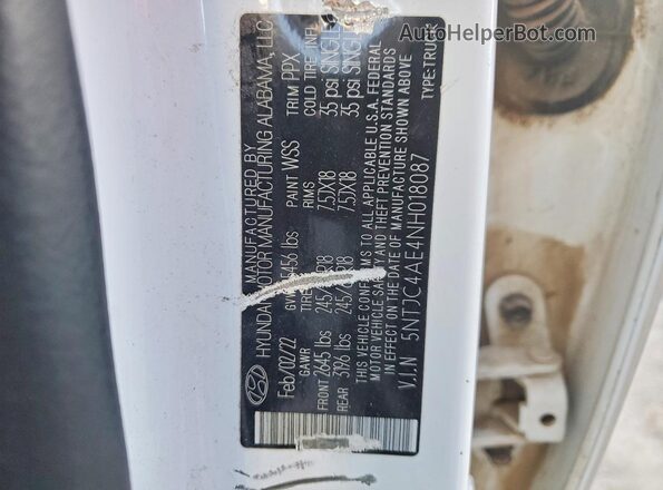 5NTJC4AE4NH018087 2022 HYUNDAI SANTA White VIN კოდის სტიკერის ხედი
