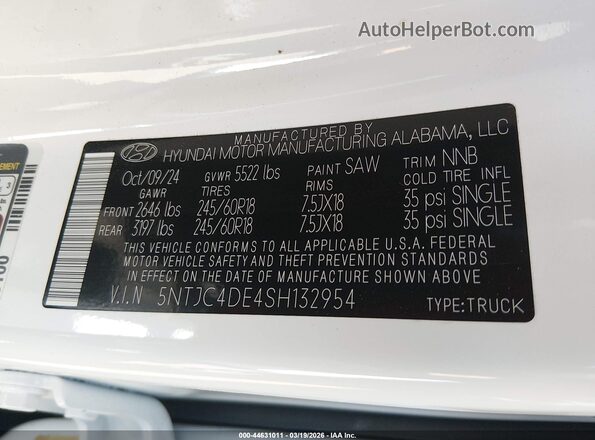 5NTJC4DE4SH132954 2025 HYUNDAI SANTA CRUZ White Շարժիչի բաժամունքի տեսք