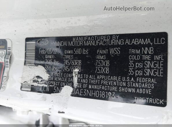 5NTJCDAE3NH018193 2022 HYUNDAI SANTA CRUZ White Շարժիչի բաժամունքի տեսք