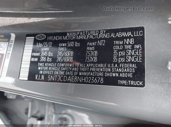 5NTJCDAE8NH023678 2022 HYUNDAI SANTA CRUZ Gray Շարժիչի բաժամունքի տեսք