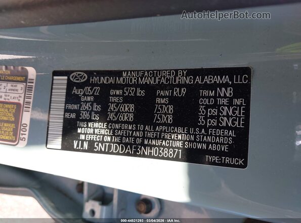 5NTJDDAF3NH038871 2022 HYUNDAI SANTA CRUZ Blue Vista del compartimento del motor