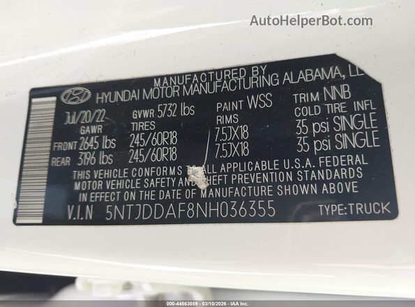 5NTJDDAF8NH036355 2022 HYUNDAI SANTA CRUZ White Engine compartment view