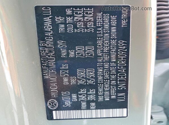 5NTJEDAF0RH092499 2024 HYUNDAI SANTA Green Widok naklejki z numerem VIN
