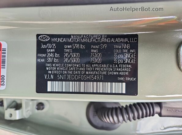 5NTJEDDF0SH154971 2025 HYUNDAI SANTA Green Vista de la etiqueta del VIN