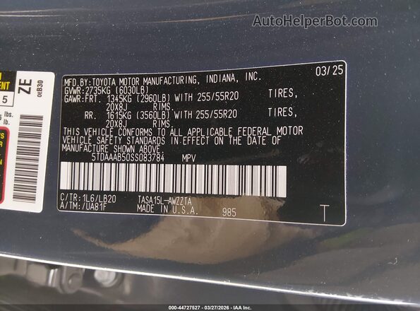 5TDAAAB50SS083784 2025 TOYOTA GRAND HIGHLANDER Blue Vista del compartimento del motor