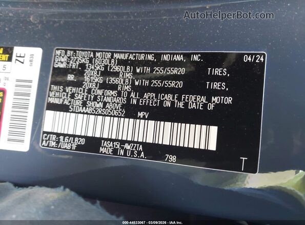 5TDAAAB52RS050652 2024 TOYOTA GRAND HIGHLANDER Blue Engine compartment view
