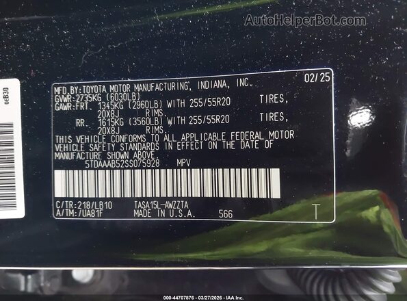 5TDAAAB52SS075928 2025 TOYOTA GRAND HIGHLANDER Black Вид підкапотного простору