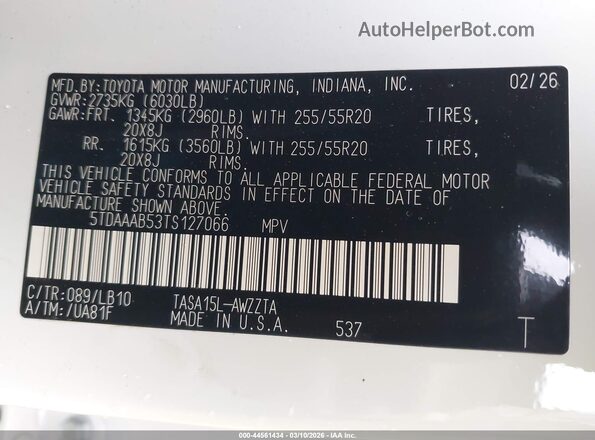 5TDAAAB53TS127066 2026 TOYOTA GRAND HIGHLANDER Белый Вид подкапотного пространства