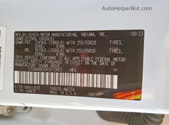 5TDAAAB55RS012803 2024 TOYOTA GRAND White VIN sticker view