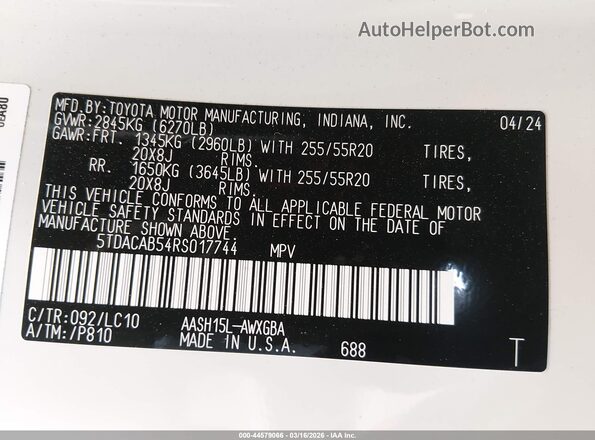 5TDACAB54RS017744 2024 TOYOTA LIMITED White Engine compartment view