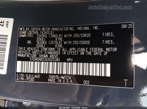 5TDADAB53SS025384 2025 TOYOTA HIGHLANDER HYBRID Синий 
