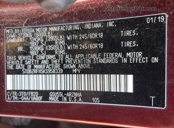 5TDBZRFH5KS958339 2019 TOYOTA LE Maroon 