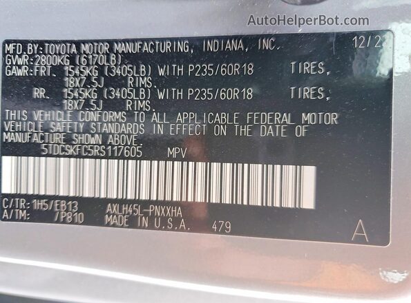 5TDCSKFC5RS117605 2024 TOYOTA SIENNA Gray Панорамний вид салону 360°