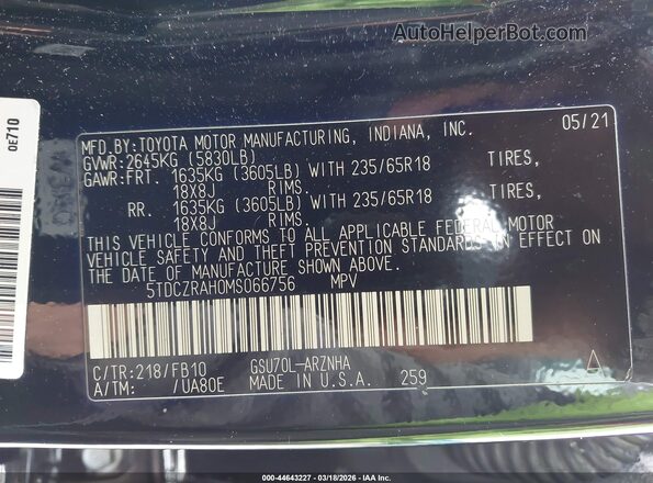 5TDCZRAH0MS066756 2021 TOYOTA HIGHLANDER Черный Вид подкапотного пространства