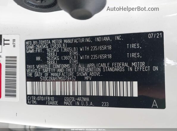 5TDCZRAH7MS078452 2021 TOYOTA HIGHLANDER Белый Вид подкапотного пространства