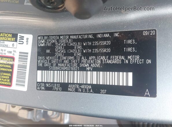5TDDBRCH6MS016921 2021 TOYOTA LIMITED Gray Engine compartment view