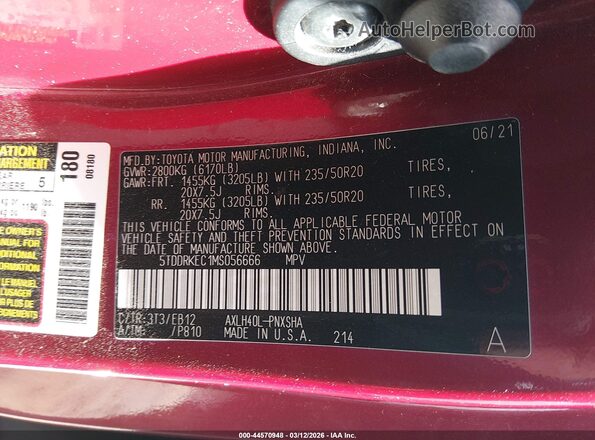 5TDDRKEC1MS056666 2021 TOYOTA SIENNA Red Widok komory silnika