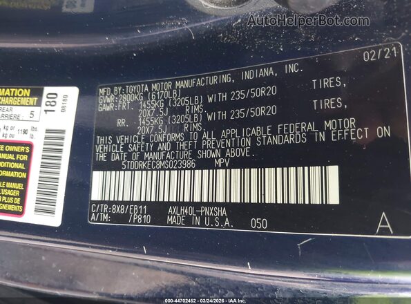 5TDDRKEC8MS023986 2021 TOYOTA SIENNA Blue Շարժիչի բաժամունքի տեսք