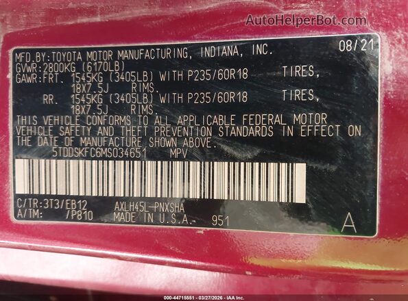 5TDDSKFC6MS034651 2021 TOYOTA SIENNA Red Շարժիչի բաժամունքի տեսք