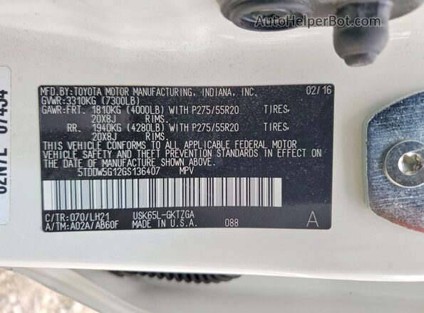 5TDDW5G12GS136407 2016 TOYOTA SEQUOIA Белый Вид наклейки с VIN-кодом