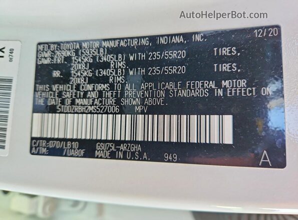 5TDDZRBH2MS527006 2021 TOYOTA LIMITED White VIN կոդի պիտակի տեսք