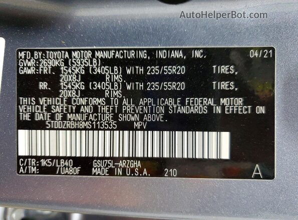 5TDDZRBH8MS113535 2021 TOYOTA LIMITED Gray Սալոնի 360 աստիճան տեսք