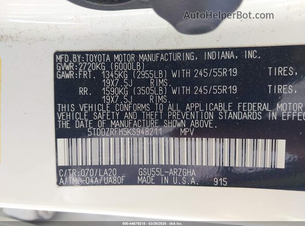 5TDDZRFH5KS948211 2019 TOYOTA LIMITED White 
