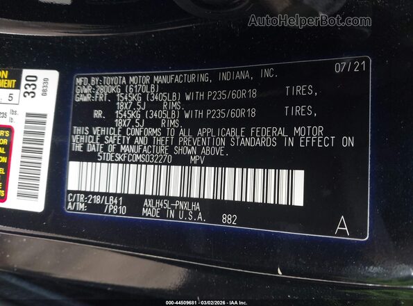 5TDESKFC0MS032270 2021 TOYOTA SIENNA Black ძრავის განყოფილების ხედი