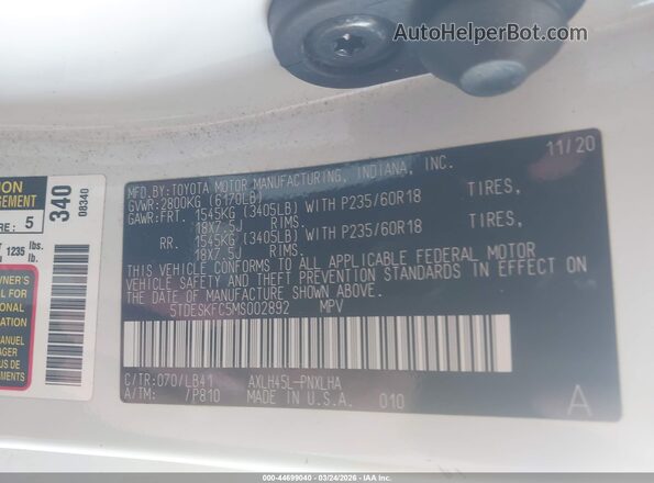 5TDESKFC5MS002892 2021 TOYOTA SIENNA White Շարժիչի բաժամունքի տեսք