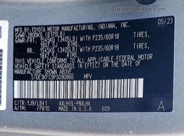5TDESKFC9PS090866 2023 TOYOTA LIMITED Серебряный Вид наклейки с VIN-кодом
