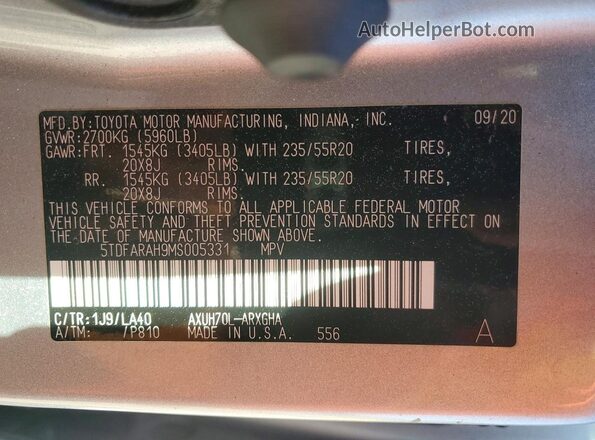 5TDFARAH9MS005331 2021 TOYOTA HIGHLANDER HYBRID Silver 360 interior view