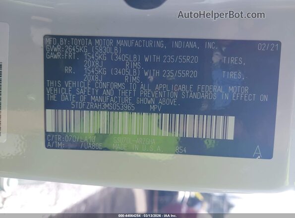 5TDFZRAH3MS053965 2021 TOYOTA HIGHLANDER White Вид підкапотного простору