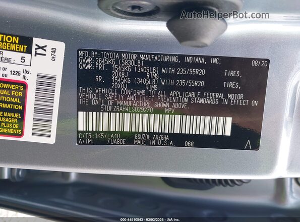 5TDFZRAH4LS029270 2020 TOYOTA HIGHLANDER Blue Вид підкапотного простору