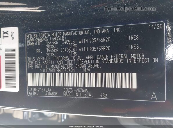 5TDFZRBH2MS073431 2021 TOYOTA HIGHLANDER Black Widok komory silnika
