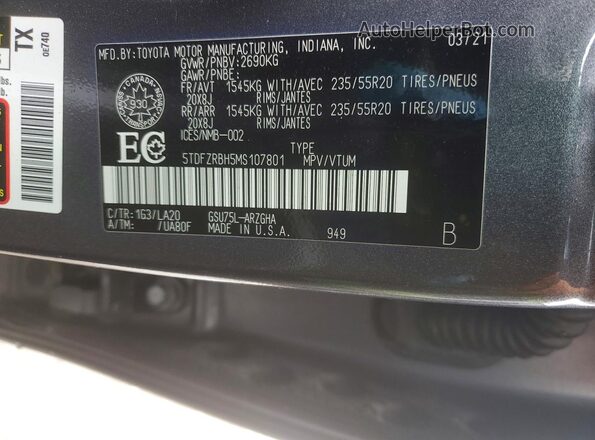 5TDFZRBH5MS107801 2021 TOYOTA HIGHLANDER Gray Vista interior de 360 grados