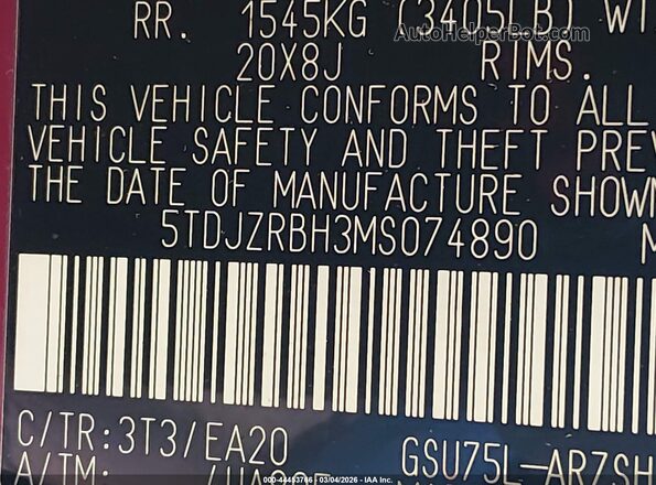 5TDJZRBH3MS074890 2021 TOYOTA HIGHLANDER Красный Вид подкапотного пространства