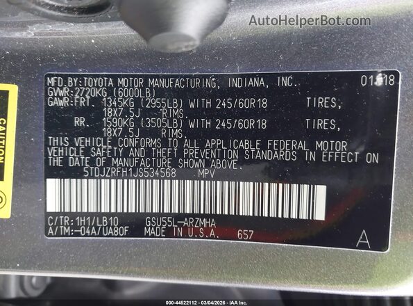 5TDJZRFH1JS534568 2018 TOYOTA LE Gray Vista del compartimento del motor